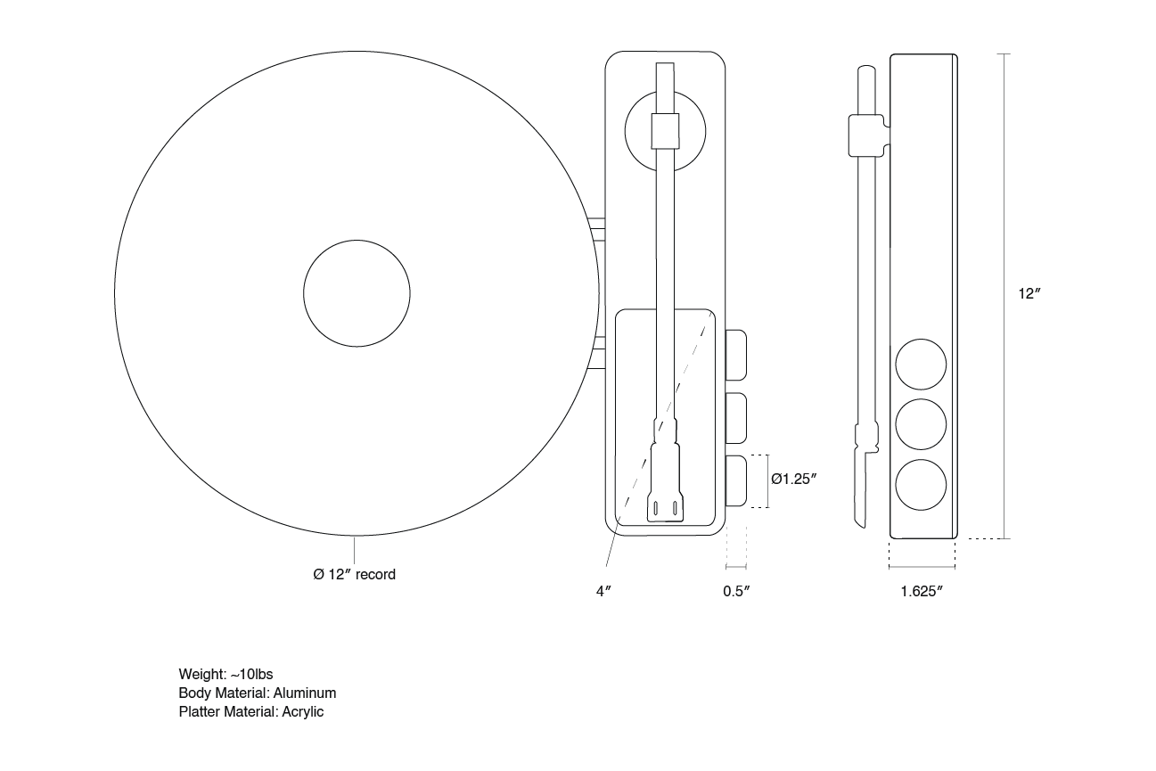 Ruka TD-1 dimensions line drawing — 12 inch tall, 3 inch wide, 1.6 inch deep